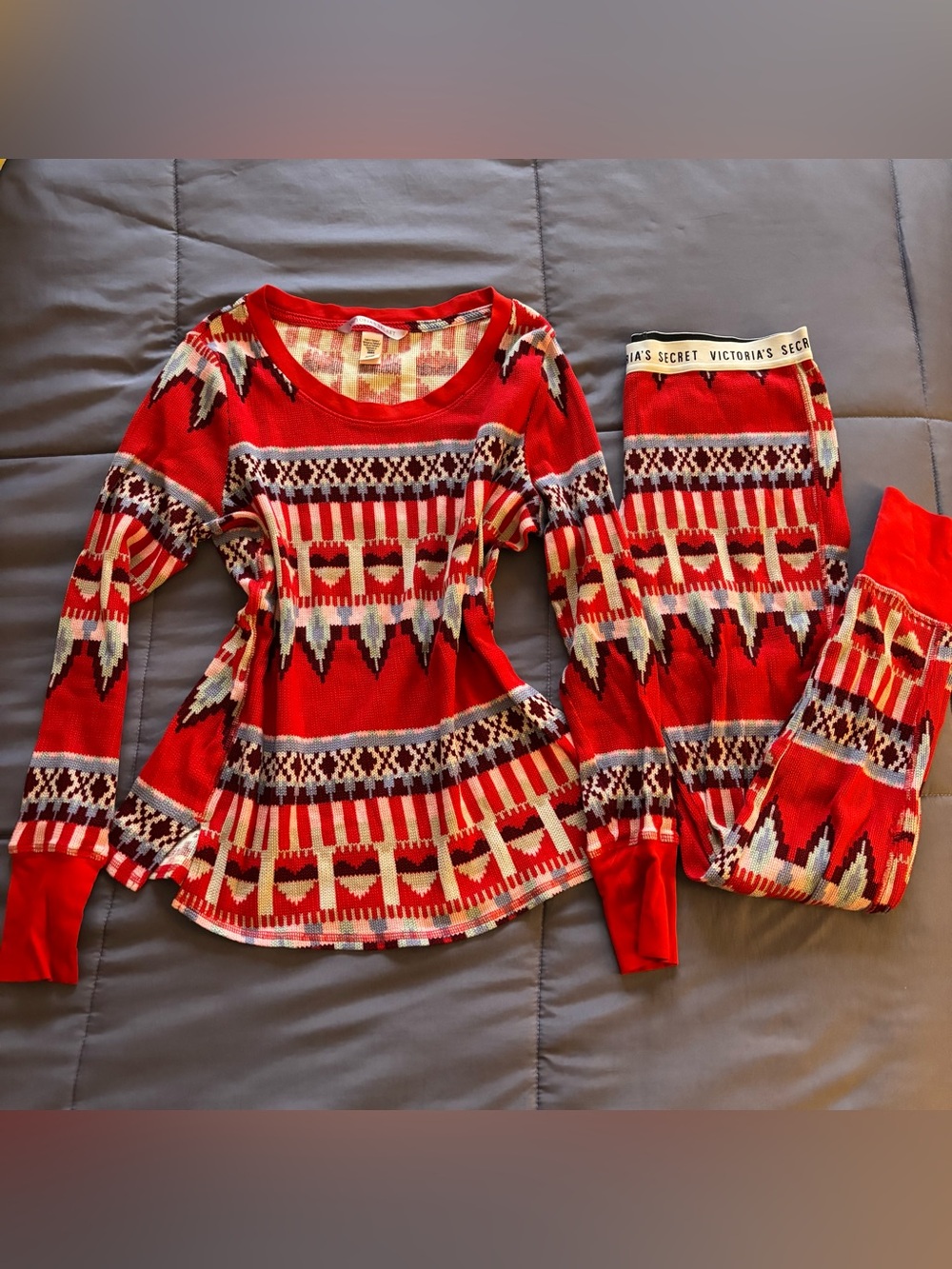 Victoria’s Secret Matching Knit Pajama Set in Red Fair Isle Print